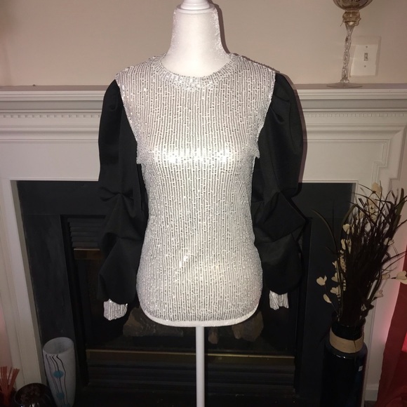 Adela Tops - Adela | Silver Sequin Mesh Puffy Sleeve Blouse